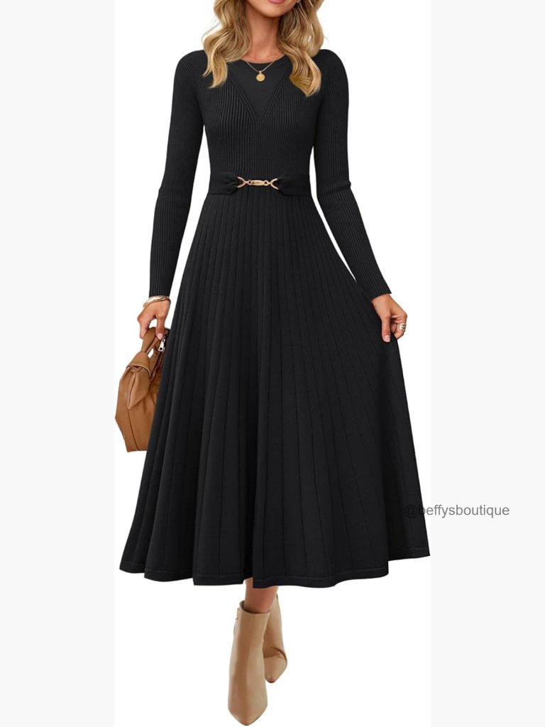 Long Sleeve Midi Sweater Dress Belted Pleated Flowy Knit Dress
